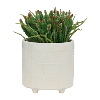 Plant Pot Set of 2 - White Ceramic Textured Footed, 6/8 in.