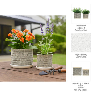 Plant Pot Set of 2 - Ivory Ceramic Line with Saucer, 6/8 in.