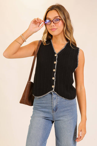Contrast Trim Button-Front Knit Vest 2