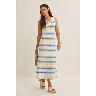 RETRO-INSPIRED MULTI-COLOR FORM FITTING CROCHET SWEATER MIDI