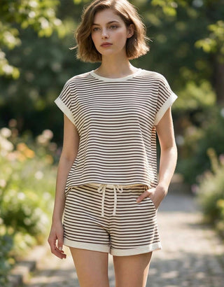 0212 Stripe Contrast Trim Top & Shorts Set SI-29345
