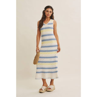 RETRO-INSPIRED MULTI-COLOR FORM FITTING CROCHET SWEATER MIDI