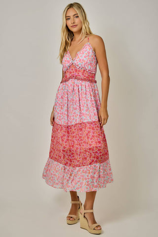 71152 Mixed Print Ruffle Detail Midi Dress
