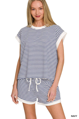 0212 Stripe Contrast Trim Top & Shorts Set SI-29345