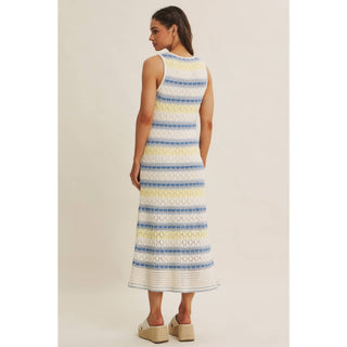 RETRO-INSPIRED MULTI-COLOR FORM FITTING CROCHET SWEATER MIDI