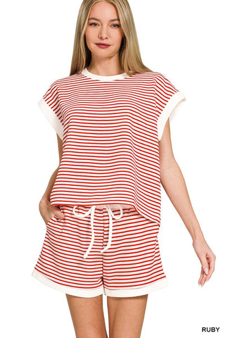 0212 Stripe Contrast Trim Top & Shorts Set SI-29345