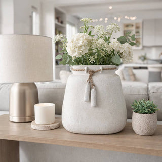 Decorative Vase - White Ceramic Wide Woven with Jute, 16 in.