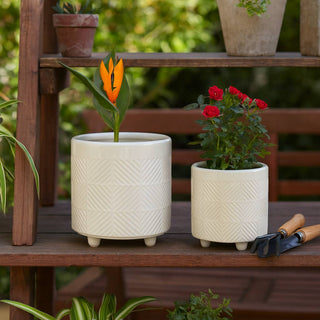 Plant Pot Set of 2 - White Ceramic Textured Footed, 6/8 in.