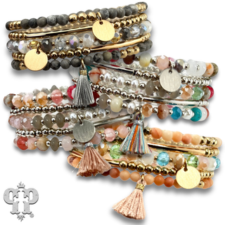 Colorful and gold bead charm bracelet stack