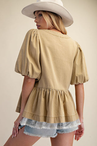 Easel Olive Grey Bubble Sleeve Bow Shirt