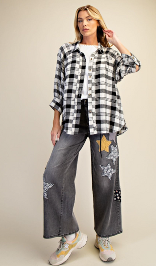 Easel Black Plaid Woven Button up
