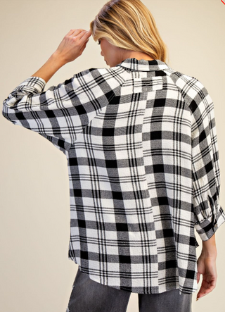 Easel Black Plaid Woven Button up