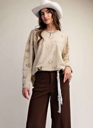 Easel Khaki LS Western Print Long Sleeve