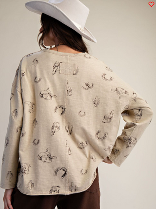 Easel Khaki LS Western Print Long Sleeve
