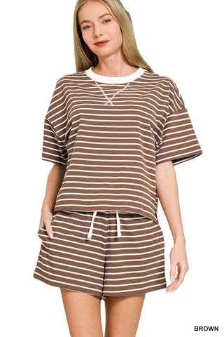 0212 Stripe Contrast Trim Top & Shorts Set SI-29345