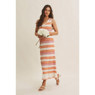 RETRO-INSPIRED MULTI-COLOR FORM FITTING CROCHET SWEATER MIDI