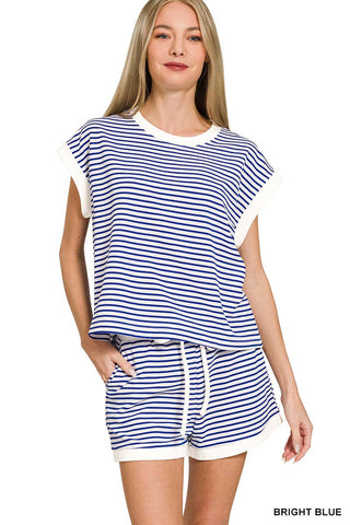 0212 Stripe Contrast Trim Top & Shorts Set SI-29345