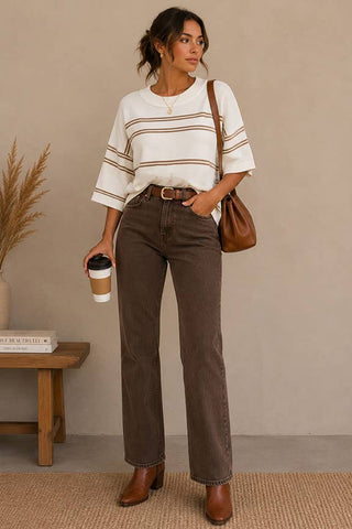 Striped Knit Short Sleeve Sweater