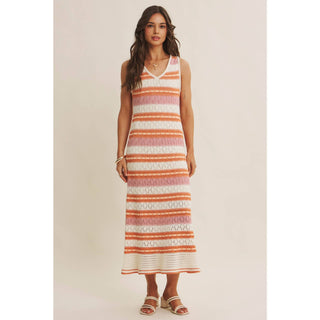 RETRO-INSPIRED MULTI-COLOR FORM FITTING CROCHET SWEATER MIDI