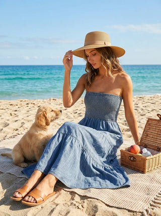 Tube Top Flowy Pocket Chambray Denim Midi Dress VD83290