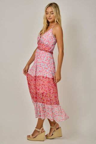 71152 Mixed Print Ruffle Detail Midi Dress