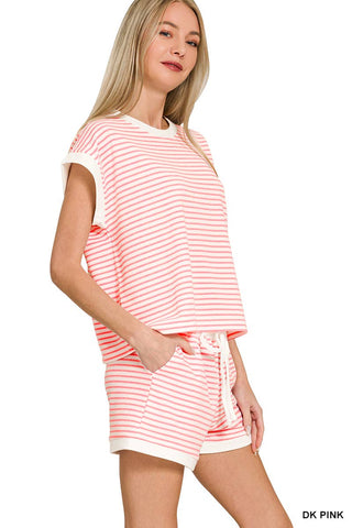 0212 Stripe Contrast Trim Top & Shorts Set SI-29345