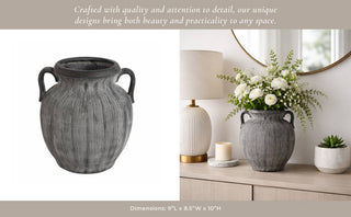 Decorative Vase - Black Ceramic Ribbed Weathered Handle,10in